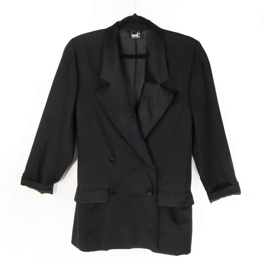 Vintage 80s Mondi Classic Satin Detail Black Button Up Blazer Jacket